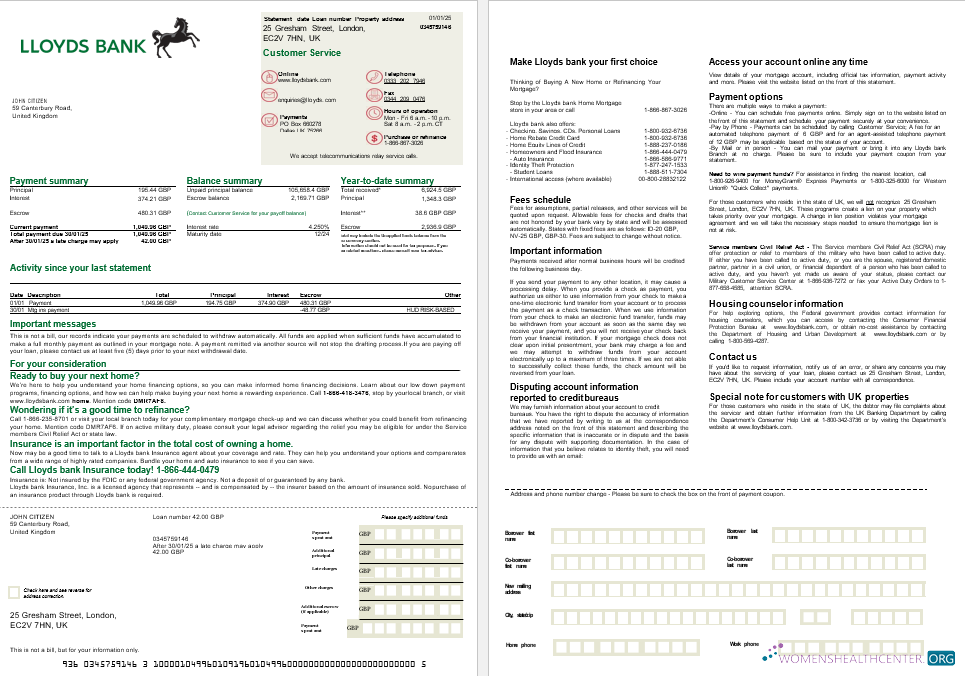 Download United Kingdom Lloyds bank mortgage statement in Word and PDF formats, 2 pages Photoshop template
